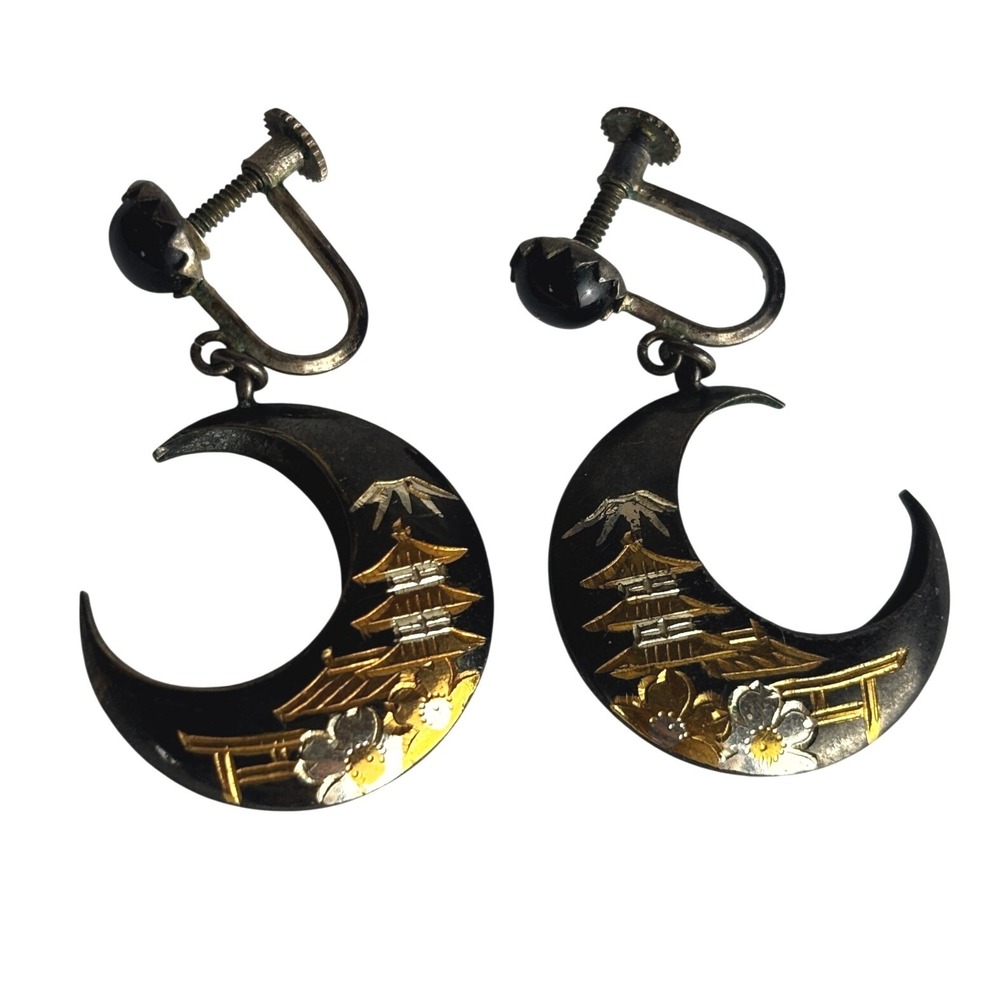 Vintage Japanese Amita Damascene Crescent Moon Pagoda Screw Back Earrings Black